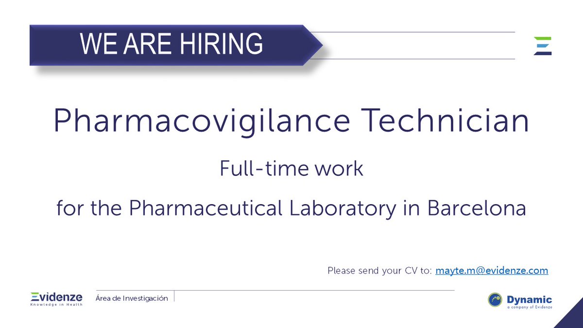 Dynamic (@dynasolutions) on Twitter photo WE ARE HIRING! We are looking for a Pharmacovigilance Technician to join to a Pharmaceutical Laboratory in Barcelona.
Please send your CV to: mayte.m@evidenze.com
Job offert details:
dynasolutions.com/publicaciones/…
#ClinicalTrials #JobsPortugal #SomosDynamic WE ARE HIRING! We are looking for a Pharmacovigilance Technician to join to a Pharmaceutical Laboratory in Barcelona.
Please send your CV to: mayte.m@evidenze.com
Job offert details:
dynasolutions.com/publicaciones/…
#ClinicalTrials #JobsPortugal #SomosDynamic