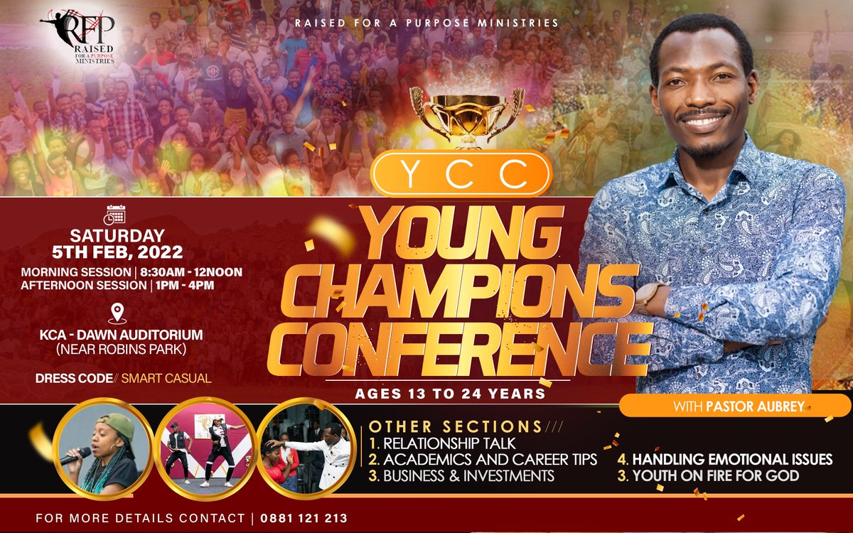 RFPMinistries's tweet photo. YOUNG CHAMPIONS CONFERENCE 2022
Are you aged between 13-24? Are you a college student? Then this conference is for you. Make up your mind to attend the Young Champions conference with Pastor Aubrey!
Register by clicking on the link below
https://t.co/5Kb1DvZInU https://t.co/jiywblyDak