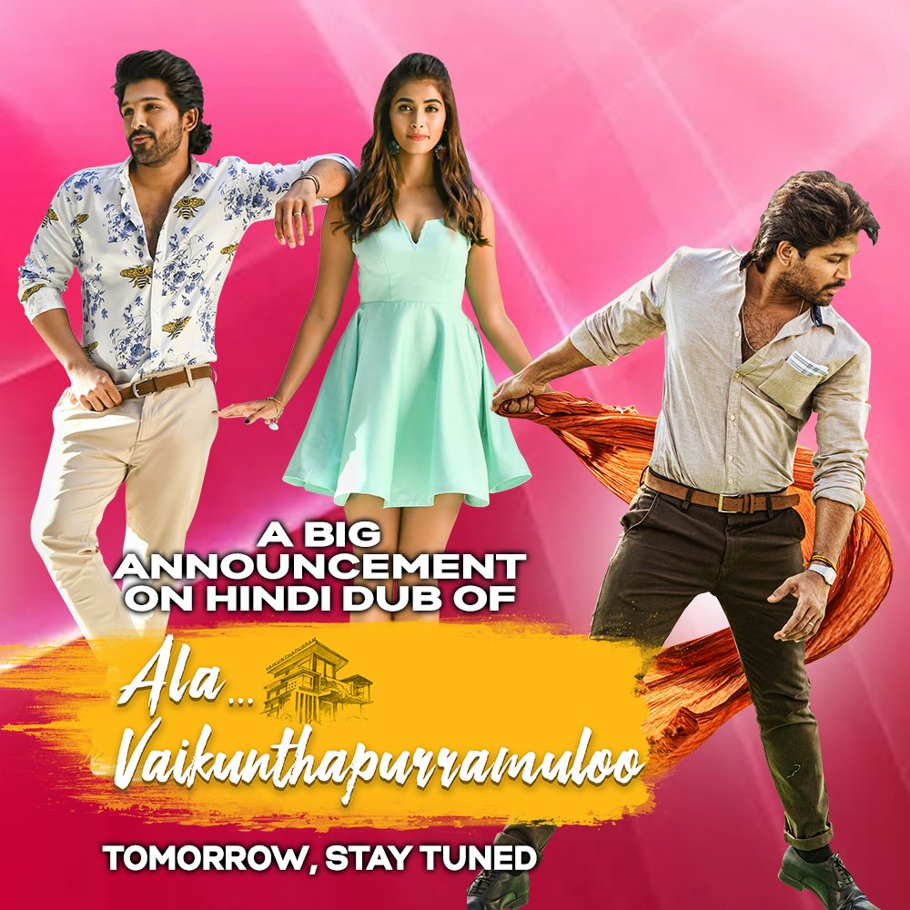 GTelefilms's tweet photo. A Big Announcement 
On Hindi Dub of 
Ala Vaikunthapurramuloo
Tomorrow, Stay tuned. https://t.co/yxnOLg0EW3