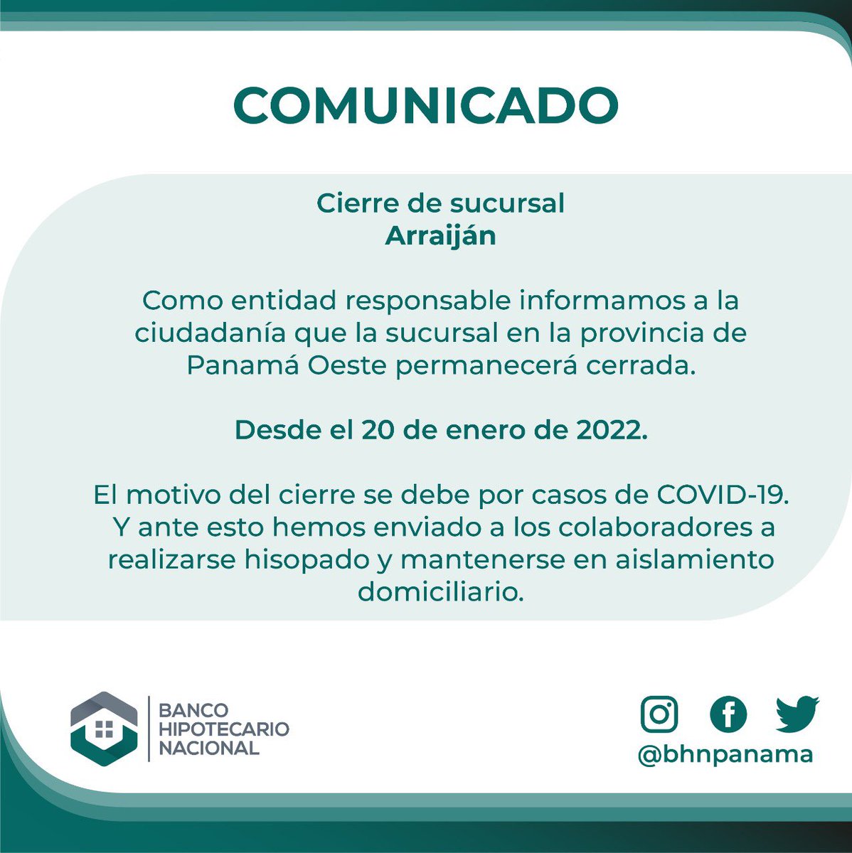 TReporta's tweet photo. .@BHNPanama anunció el cierre de su sucursal en Arraiján desde el 20 de enero por contagios de COVID-19 de sus colaboradores. #TReporta https://t.co/XYEasjAoFt