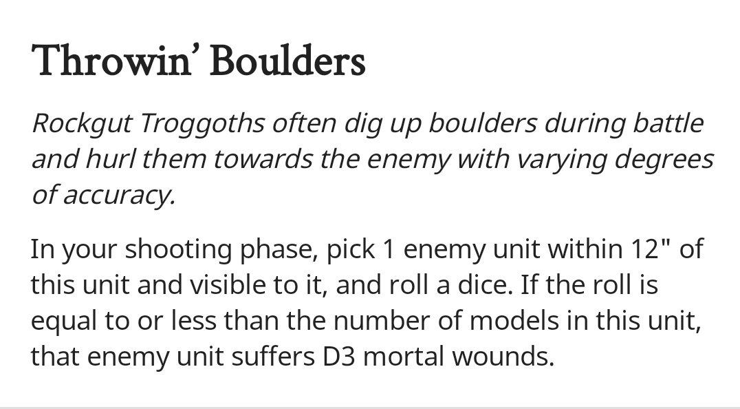 BeefGeneral's tweet image. Does anyone know if I can use my rockgut's throwin' boulders ability to unleash hell on a charging unit? I feel like @Elcapitan_WS10 might have the answer. Came up in a game recently and my opponent said no. I went with it and troggsmashed his silly elves up close instead 😂