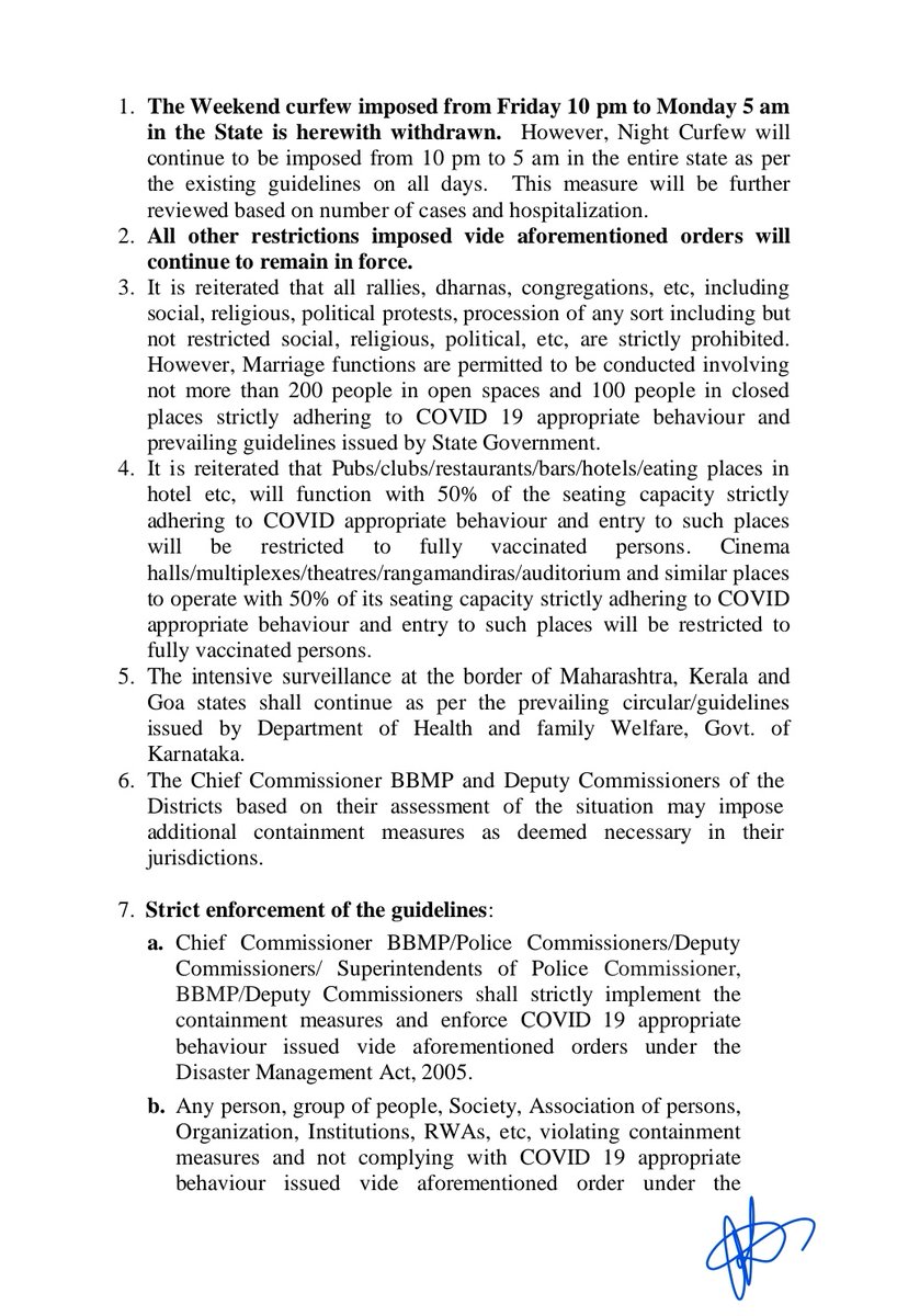 DHFWKA's tweet photo. The Weekend curfew imposed from Friday 10 pm to Monday 5 am in the State is herewith withdrawn and All other restrictions imposed will continue to remain in force.
@cmofKarnataka @mla_sudhakar @Comm_dhfwka @PIBBengaluru
@KarnatakaVarthe https://t.co/PTDHBba2nG