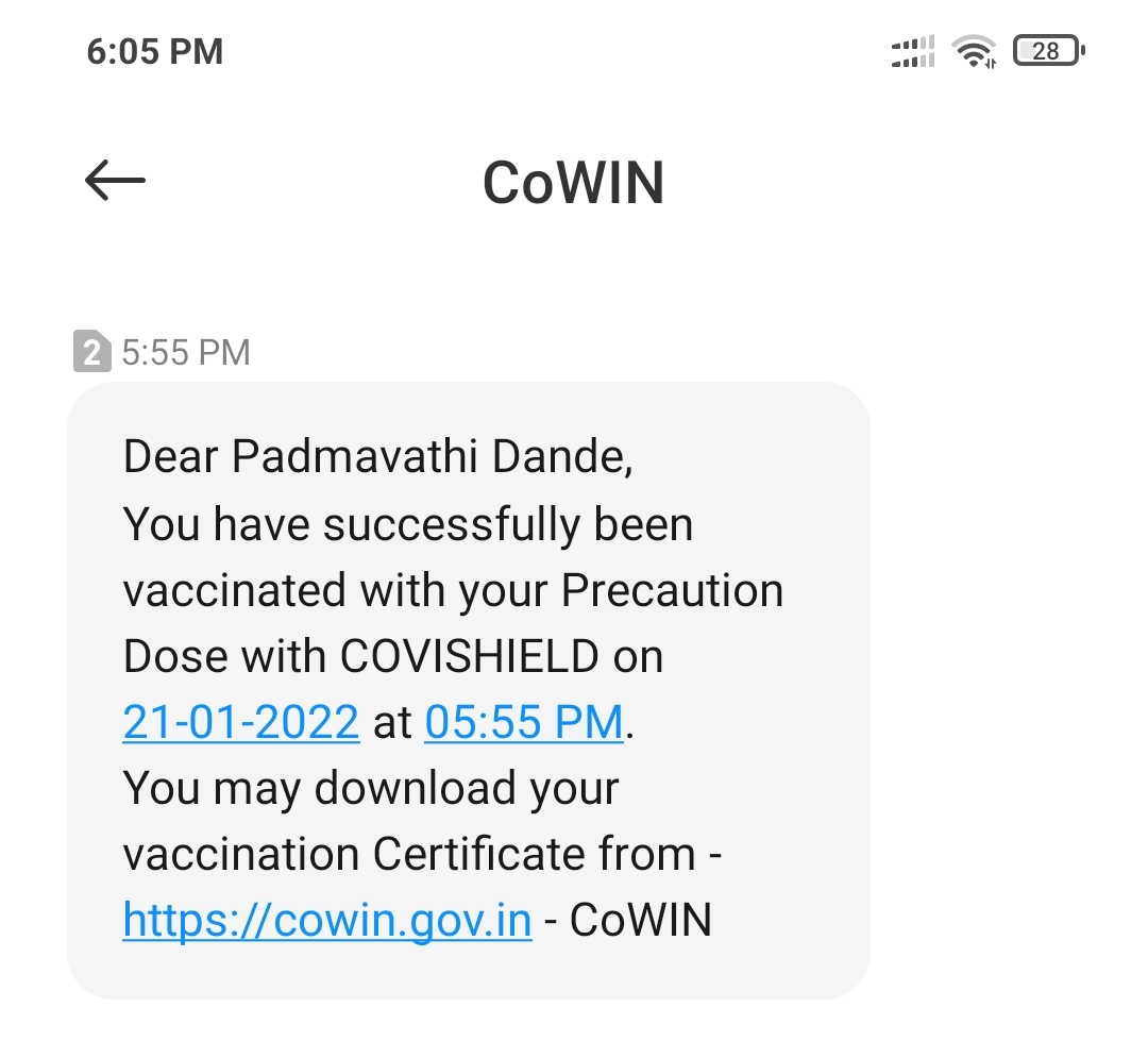 DandeYagna's tweet photo. @MoHFW_INDIA Please look into this matter - My mother got SMS that she got precautionary COVID-19 vaccine dose even if she has not received any such dose. This is very serious issue. cc @ArogyaAndhra https://t.co/blPvdbPuYp