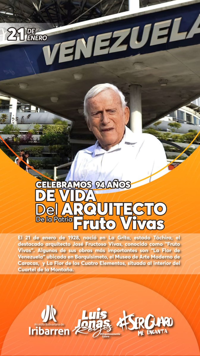 #21Ene Hoy Celebramos los 94 años de Vida del Arquitecto de la Patria Fruto Vivas. Una de sus destacadas obras es La Flor de Venezuela ubicada en la Ciudad de Barquisimeto. Felicitaciones Maestro...! #CuidemonosDeLaCovid19 @NicolasMaduro @Mippcivzla @LuisJonasReyes