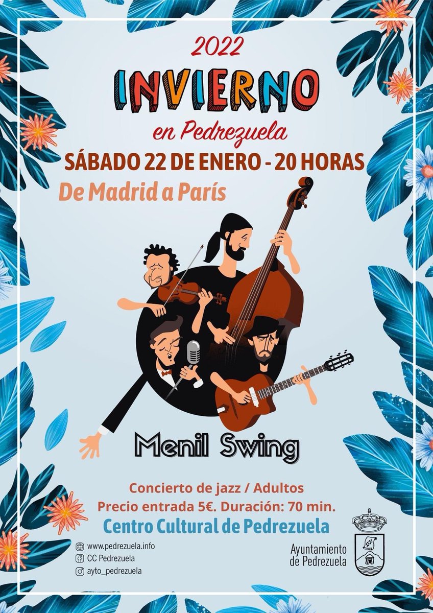 MenilSwing's tweet photo. 🟢 Y arrancamos la temporada de Invierno 
en Pedrezuela presentando  "DE MADRID A PARÍS"
Lugar: Auditorio Centro Cultural 
Fecha: sábado, 22 de enero, a las 20.00 horas 
🔸Precio entrada: 5  euros 
www.centrocultural@pedrezuela.info
#Cultura #swingjazz  #Pedrezuela https://t.co/eBCIycDr1Y