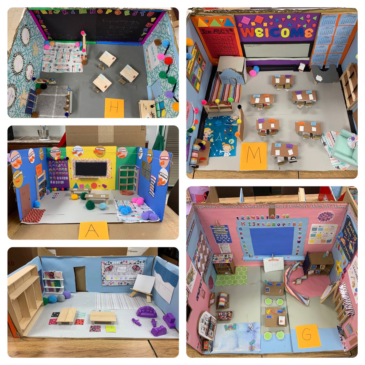 Here are a few of the “classrooms” that were created in boxes by my Principles of Early Childhood Education Class. Great job everyone! #FCS #WDPride #elementaryeducation #earlychildhood #teachers