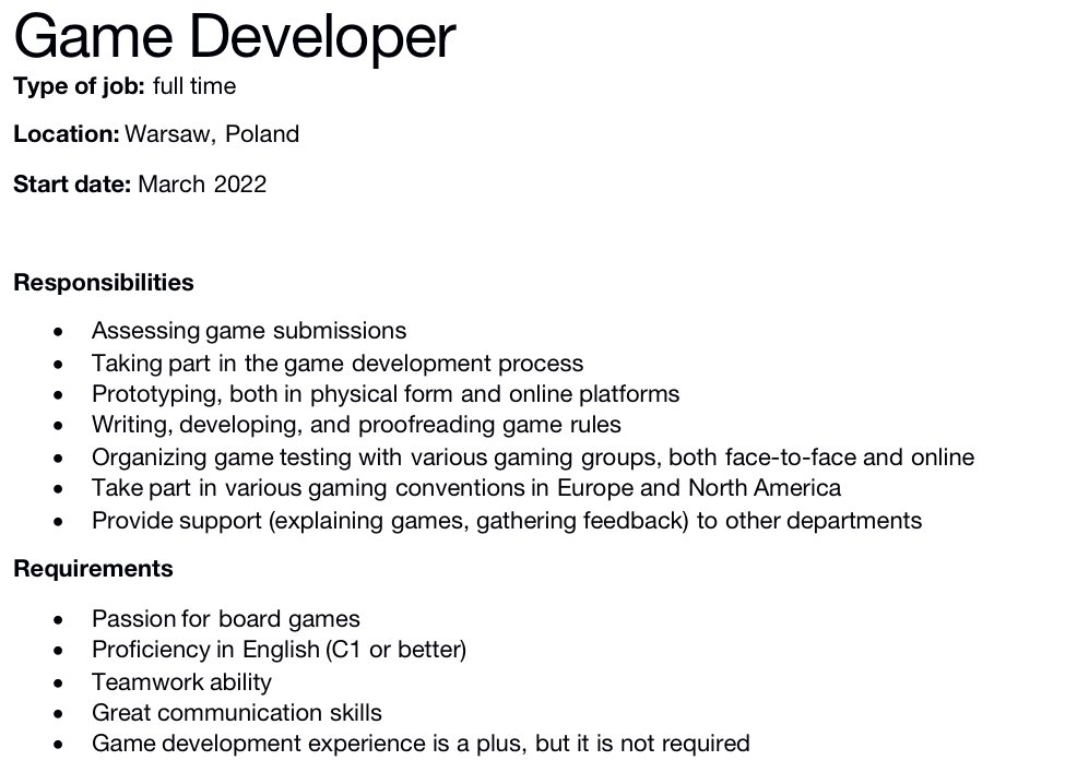 BoardAndDice's tweet photo. We are hiring! Join Board&amp;Dice and shape the future of board games! Become a part of our development team, play games for a living, and let your creativity run wild. 

If you are interested in the position, send your CV in English to contact@boardanddice.com by January 31. https://t.co/FwkZ73yG9N