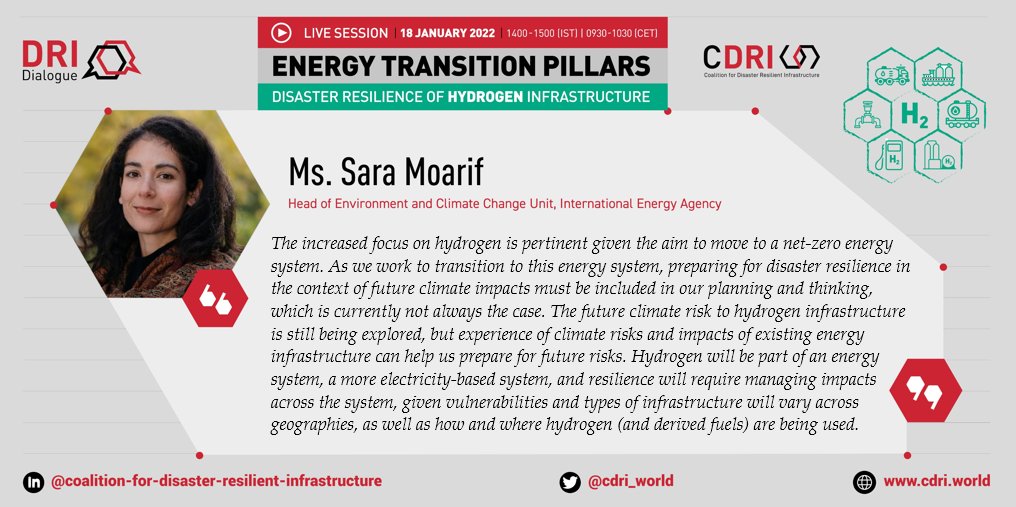 .<a href="/sara_moarif/">Sara Moarif</a> Head of Environment and Climate Change Unit <a href="/IEA/">International Energy Agency</a> discusses about the energy transition, the critical role of hydrogen and the need for resilience.
#DRIDialogue #Resilientinfra