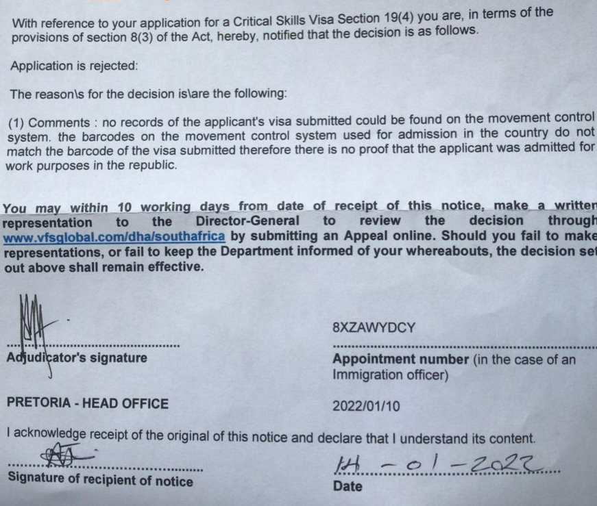 DHA_DecisionsMP's tweet photo. #DHA how do you appeal this rejection? You put the visa in the passport? Went through a land border post and MCS not working?? Why is the foreign national has been accused of holding a fake visa
@SADHomeAffairs
@PresidencyZA 
@the_dti
@PConHomeAffairs 
@DIRCO_ZA
@VFSGlobal https://t.co/Wv6gcktC6R