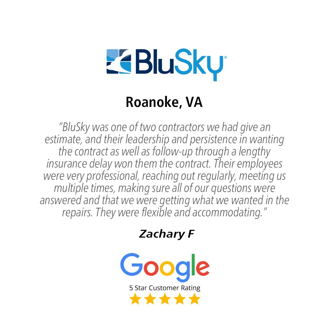 We deal with large loss differently, which is why 96% of our customers say that they would hire us again! Thank you, Zachary, for trusting our Roanoke team with your property. 

#FeedbackFriday #ClientReview #GoogleReview #96Proof #Roanoke #GoBluSky #WeFixBrokenBuildings