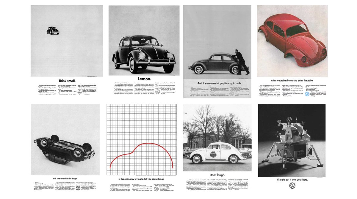 4) ‘Think Small’ was a series of print and television adverts for the Volkswagen Beetle starting in the late 1950’s up until the 70s. The campaign was devised by Doyle Dane Bernbach (DDB).