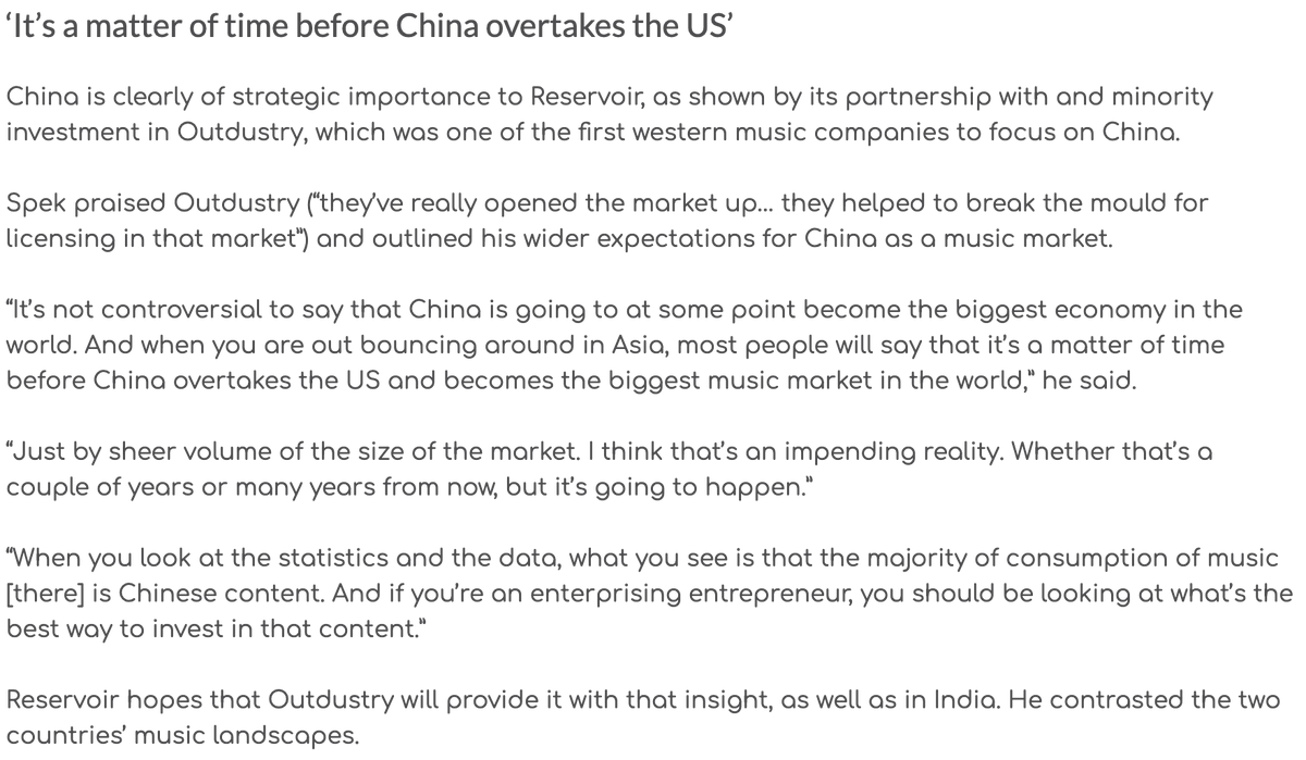 Outdustry's tweet photo. "@iamspek praised @Outdustry (“they’ve really opened the market up… they helped to break the mould for licensing in that market”) and outlined his wider expectations for China as a music market." 

@ReservoirMedia @MusicAlly 

https://t.co/SzwgUXZEyq https://t.co/GN0rFVOPRs