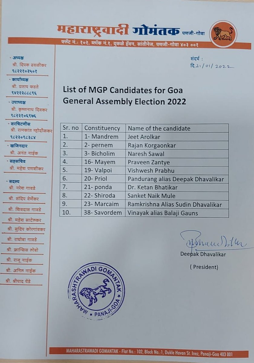 DhavalikarDMGP's tweet photo. Happy to announce all 10 candidates of Maharashtrawadi Gomantak Party for upcoming Goa Assembly Election 2022.
#MGP4Goa
#NavyaGoeankNaviYuti https://t.co/LfE7Ri3EJV