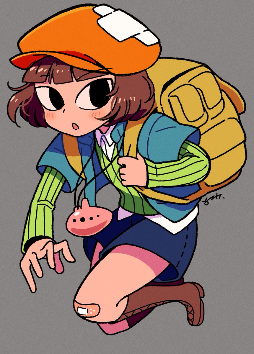 solo brown hair bag 1girl backpack hat bandaid  illustration images