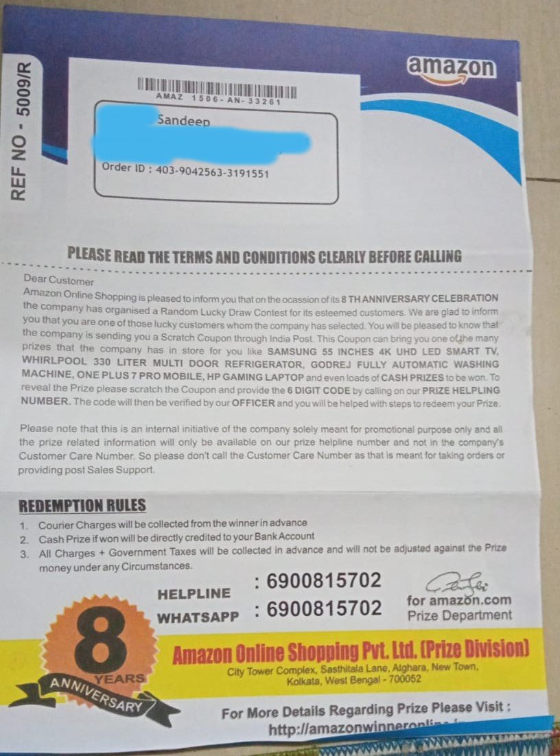 vid_sandy's tweet photo. Is this even official, @amazon @amazonIN? Surprised to receive a letter in ages! I am 99% sure that it is some kind of scam!
#amazon #amazonindia #scam https://t.co/Z0aLrPco0V