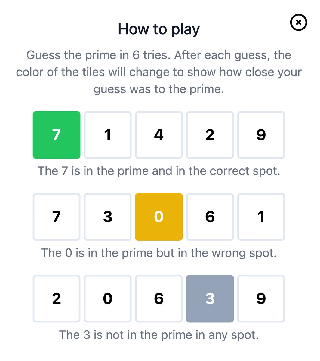 tonyvincent's tweet image. 🔢 Primel is very much like Wordle, except you try to guess a 5-digit prime number.

converged.yt/primel/

😉 Hot Tip: Prime numbers never end with 0, 2, 4, 6, or 8.