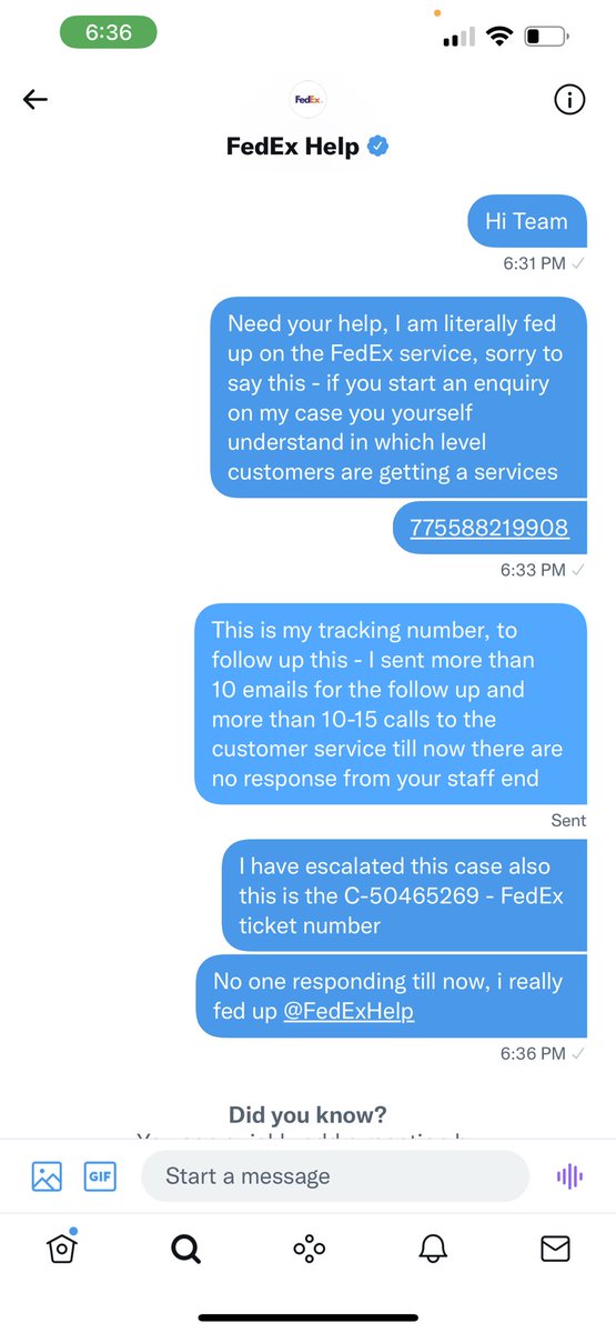 GoldenShallot's tweet photo. Even I am facing the same issue, I have sent my parcel from KL to IN @FedExIndia Please note my tracking number 
AWB # 775588219908 and escalated C-50465269 - FedEx ticket number. @FedEx -
No response, no call back till date, who can help me ??? https://t.co/S2rYVrTyID