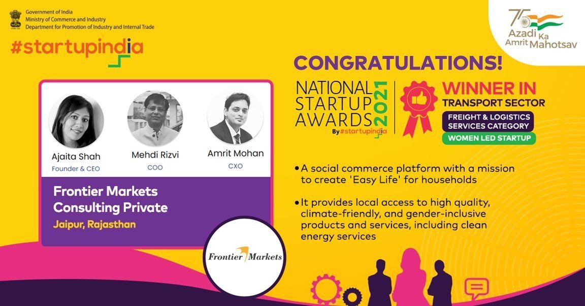 On #NationalStartupDay, FI Lab startup <a href="/FrontierMkts/">Frontier Markets</a> was awarded the National Startup Award 2021. It is 1 of only 50 startups to win the prestigious award amongst 61,000+ startups present in India today. It is also the only startup led by a woman founder that has won this award.