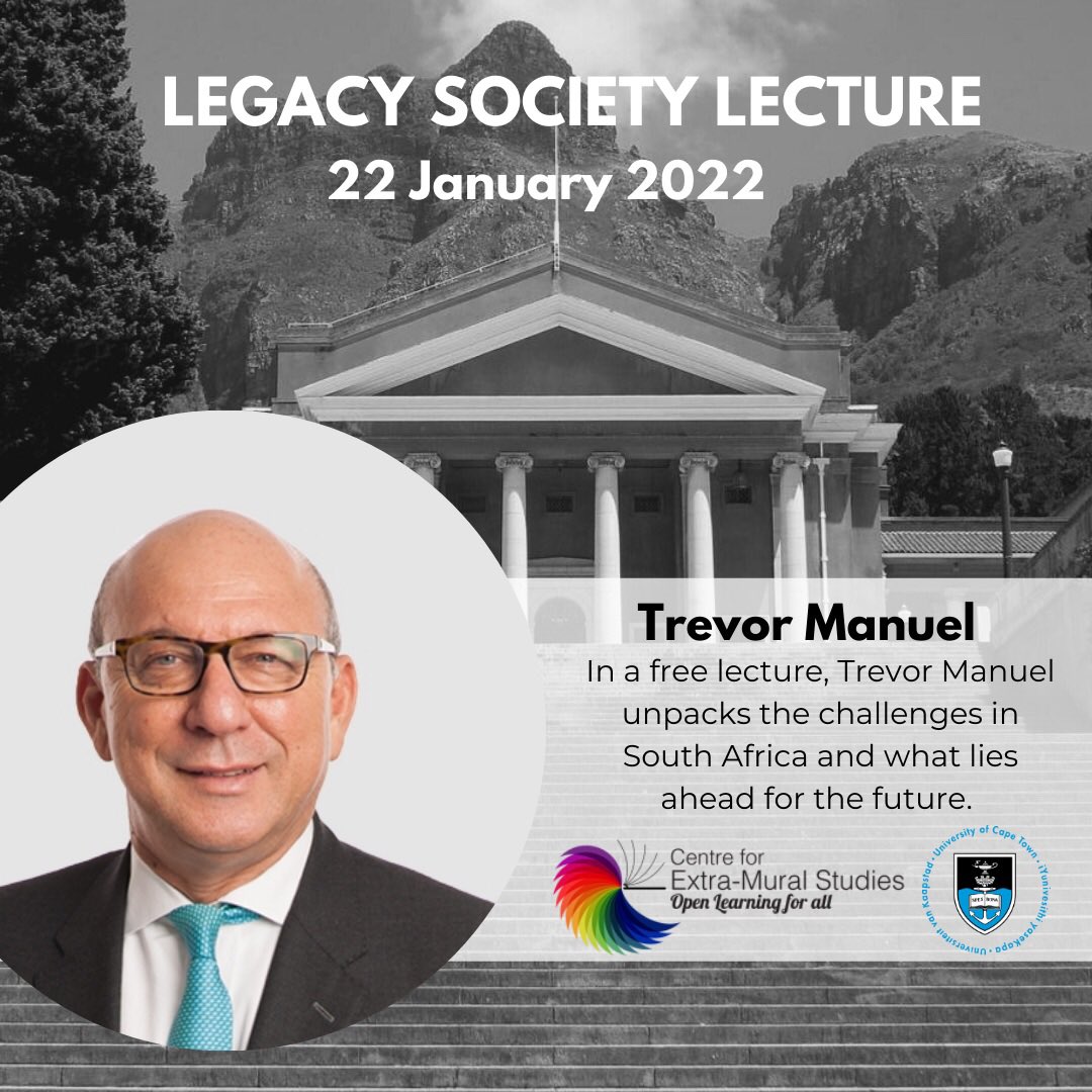 To end an action-packed week 2 of #UCTSummerSchool2022 is a FREE online lecture delivered by  former Finance Minister Trevor Manuel as he discusses South Africa and the challenges that lie ahead.

Book here: webtickets.co.za/v2/Performance… 

Visit summerschool.uct.ac.za for more.