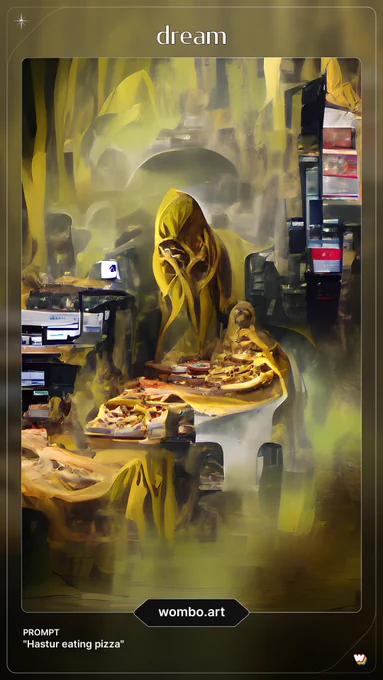 AIに絵を描いて貰うサイト、「ピザを食べる死神をお願いすると可愛い!」「神話生物だとかっこいい!」と素敵なものがたくさん流れてきたので、「じゃあピザを食べるハスター様ならどうですか?」とお願いしたら、めちゃくちゃピザを捧げられて困惑するハスター様inサーバールームみたいな絵に。 