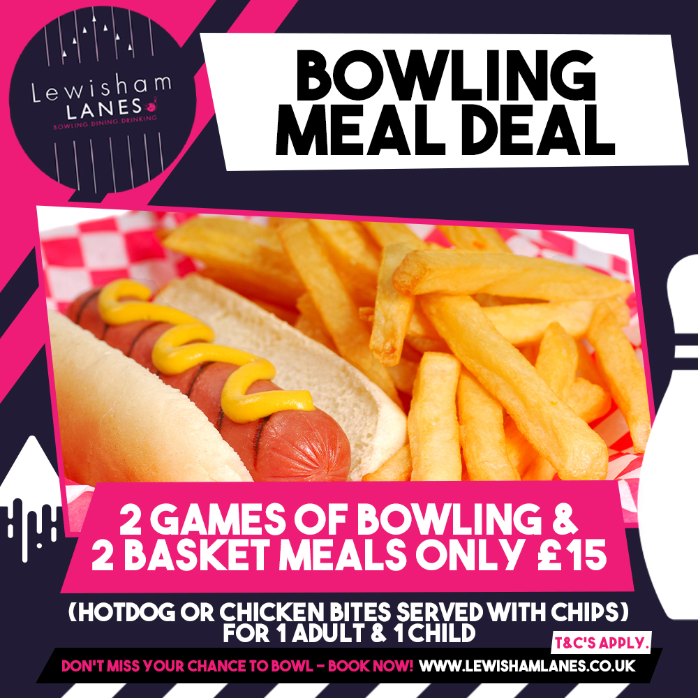 Make your next visit more memorable by treating yourself to our bowling meal deal 🎳

Get your hands on 2 games of bowling &amp; 2 basket meals for only £15 and get your fill next time you bowl 🌭

lewishamlanes.co.uk/bowling/

#LewishamLanes #Bowling #Lewisham #familybowl #mealdeal