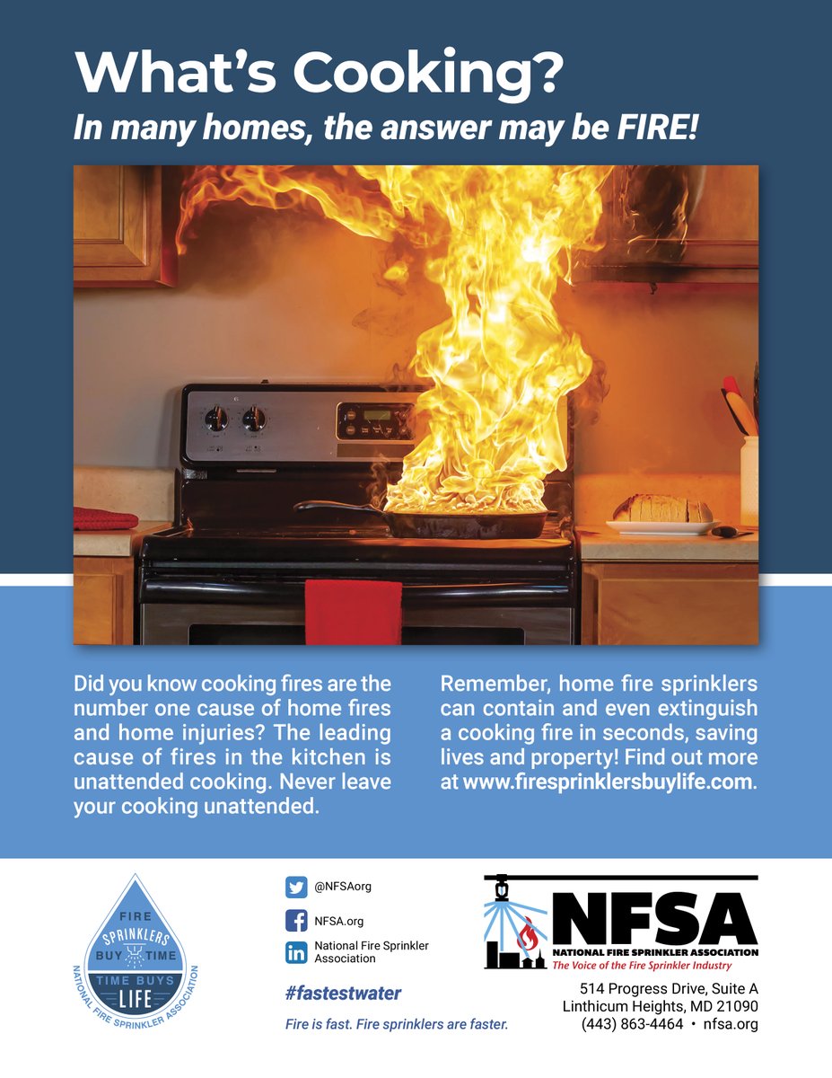 NFSAorg's tweet photo. #FastestwaterFriday Fact: On average, home #cookingfires cause 44% of home fires, 15% of home fire deaths and 38% of home fire injuries each year. #FireSprinklers can contain & often extinguish these fires in seconds, saving lives and property. https://t.co/rKYg0kKuGo https://t.co/05WlS7gy27