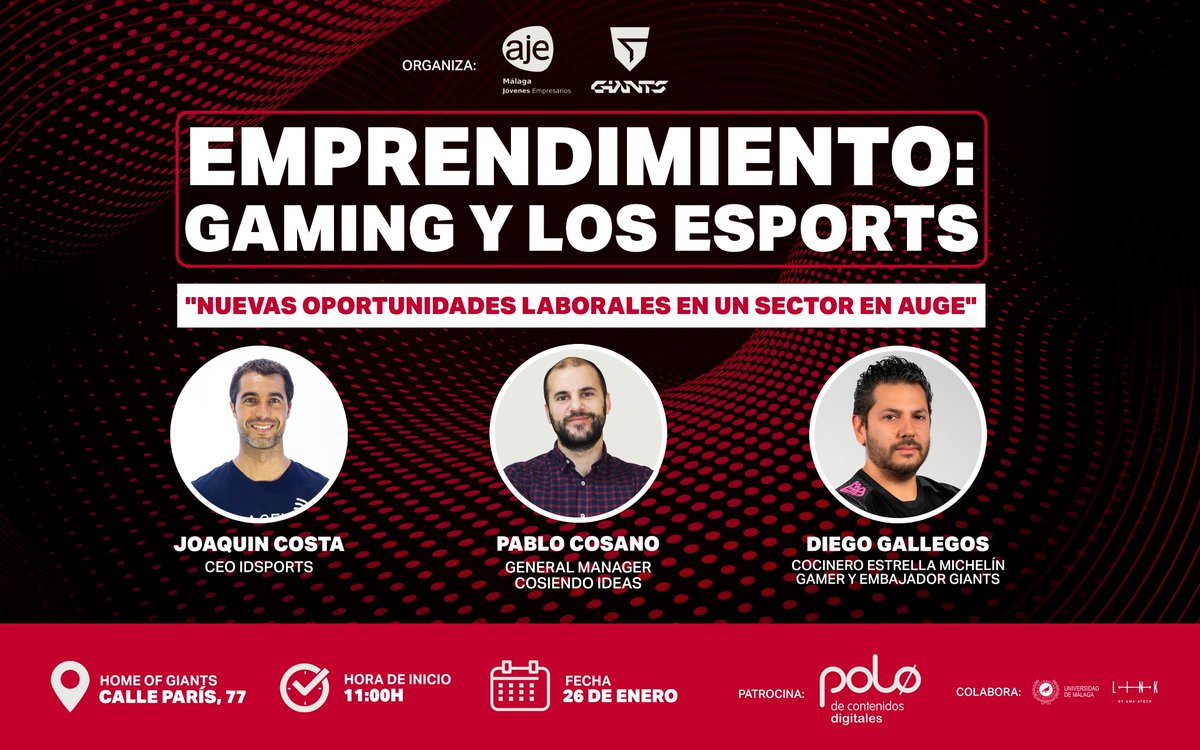 Amantes de los #esports, este 26 de enero podéis asistir a una interesante charla sobre emprendimiento y gaming de la mano de <a href="/ajemalaga/">AJE Málaga</a> y el internacional club <a href="/GiantsGaming/">GIANTX</a> 🔥🕹

Vendrán <a href="/Joaquin_23/">Joaquin Costa</a> (@IDSports_es), <a href="/cosanisimo/">Pablo Cosano</a> (<a href="/TeamHeretics/">Team Heretics</a>) y <a href="/lechefgamer20/">Lechefgamer20</a> (#Giants)