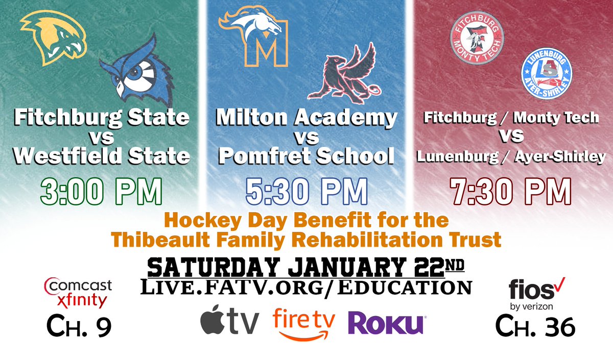 Hockey Day Benefit for the Thibeault Family Trust Saturday beginning at 3pm at The Wallace Civic Center @fitchburgstatehockey @WestfieldState @PomfretSchool @FHSathleticdept #thibeaultstrong