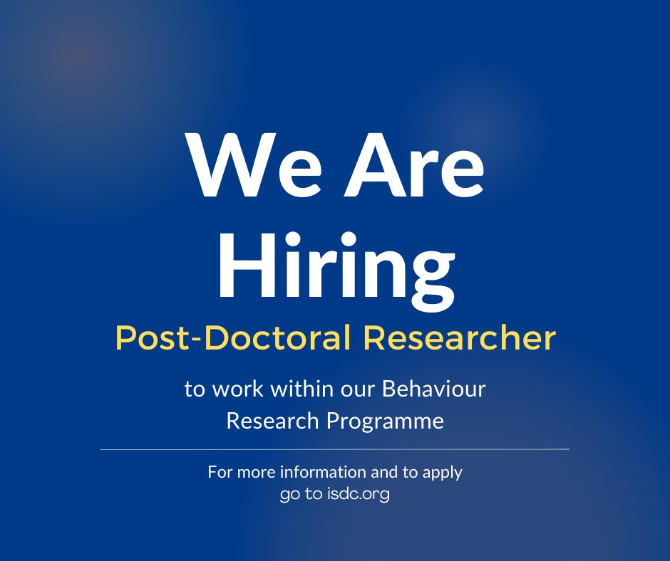 📣 We're hiring!

Our #Behaviour Research Programme are seeking a Post-Doctoral Researcher.

Work with us on analysing human behaviour and policy interventions in conflict-affected crisis settings.

For the full job description and to apply: isdc.org/job-ad-013/