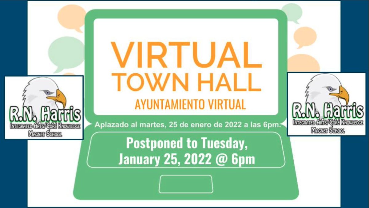 Our Virtual Town Hall is rescheduled for Tuesday, January 25th @ 6pm. Look for access information next week. See you there. 

Nuestro ayuntamiento virtual está reprogramado para el martes 25 de enero a las 6 p.m. Busque información de acceso la próxima semana. Te veo allí.
