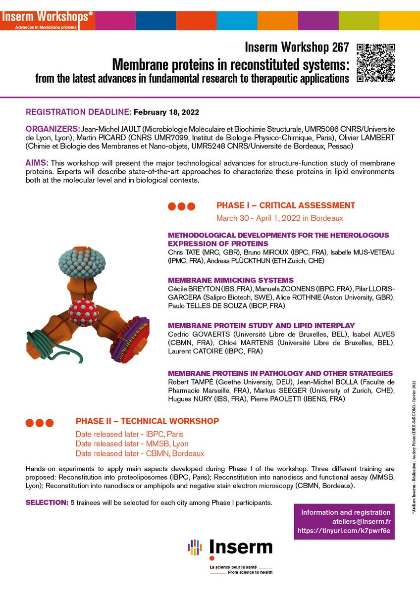 _MartinPicard's tweet image. 1/3
We are organizing an @Inserm workshop: “Membrane proteins in reconstituted systems: from the latest advances in fundamental research to therapeutic applications”. 

in Bordeaux from March 30th  to April 1st 2022