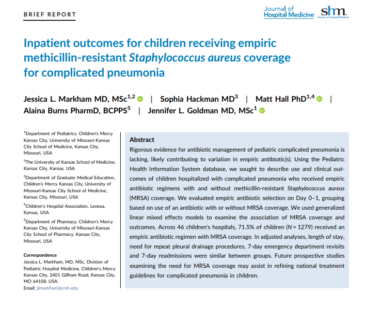 JHospMedicine's tweet photo. 📣 New study explores use and outcomes of empiric methicillin-resistant Staphylococcus aureus coverage for children hospitalized with complicated pneumonia. 💊🤒 
@jmarks614; @ChildrensMercy; @ABurns_PharmD

https://t.co/V0aWUVNKO7 https://t.co/bg9tuH2m38