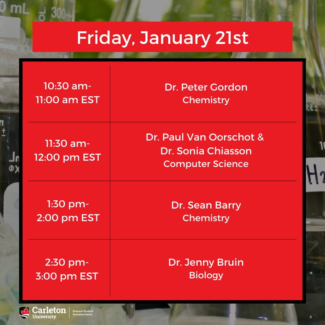 It's the final day of #ScienceLabTourWeek and we have 4 more incredible talks to offer today!

10:30am- Dr. Peter Gordon
11:30am- Dr. Dr. Paul Van Oorschot & Dr. Sonia Chiasson
1:30pm- Dr. Sean Barry
3:30pm- Dr. Jenny Bruin

Learn more at https://t.co/W8r0wTFc4E. https://t.co/b2mDFZC8tI