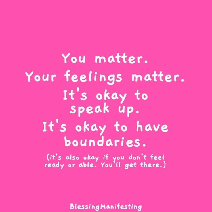 AccessMHSupport's tweet image. Image credit- Blessing Manifesting 

Image ID- White text on a pink background reads "Your feelings matter. It's okay to speak up. It's okay to have boundaries. (it's also okay if you don't feel ready or able. You'll get there.)

#MentalHealth #MentalHealthMatters