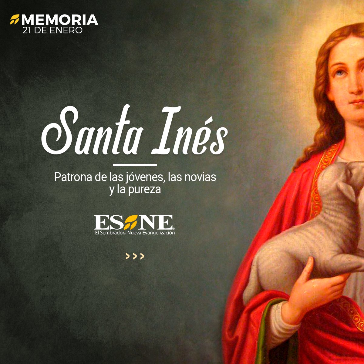 ElSembradorESNE's tweet image. Santa Inés, mártir de la pureza, patrona de las jóvenes y las novias. Un gran ejemplo para las jóvenes cristianas en su perseverancia y fortaleza de la fe.
#SantaInés #mártirdelapureza #mártir #pureza #fe #santoral #devoció #inés #jóvenes #novias