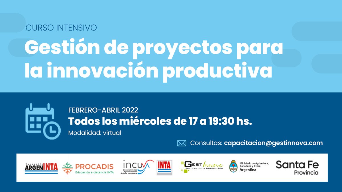 #Agendate | Curso intensivo: "Gestión de proyectos para la innovación productiva".

📝 El objetivo es que las y los participantes puedan integrar conceptos básicos, casos prácticos y la realización de actividades relativas a la creación, formulación y selección de proyectos.
