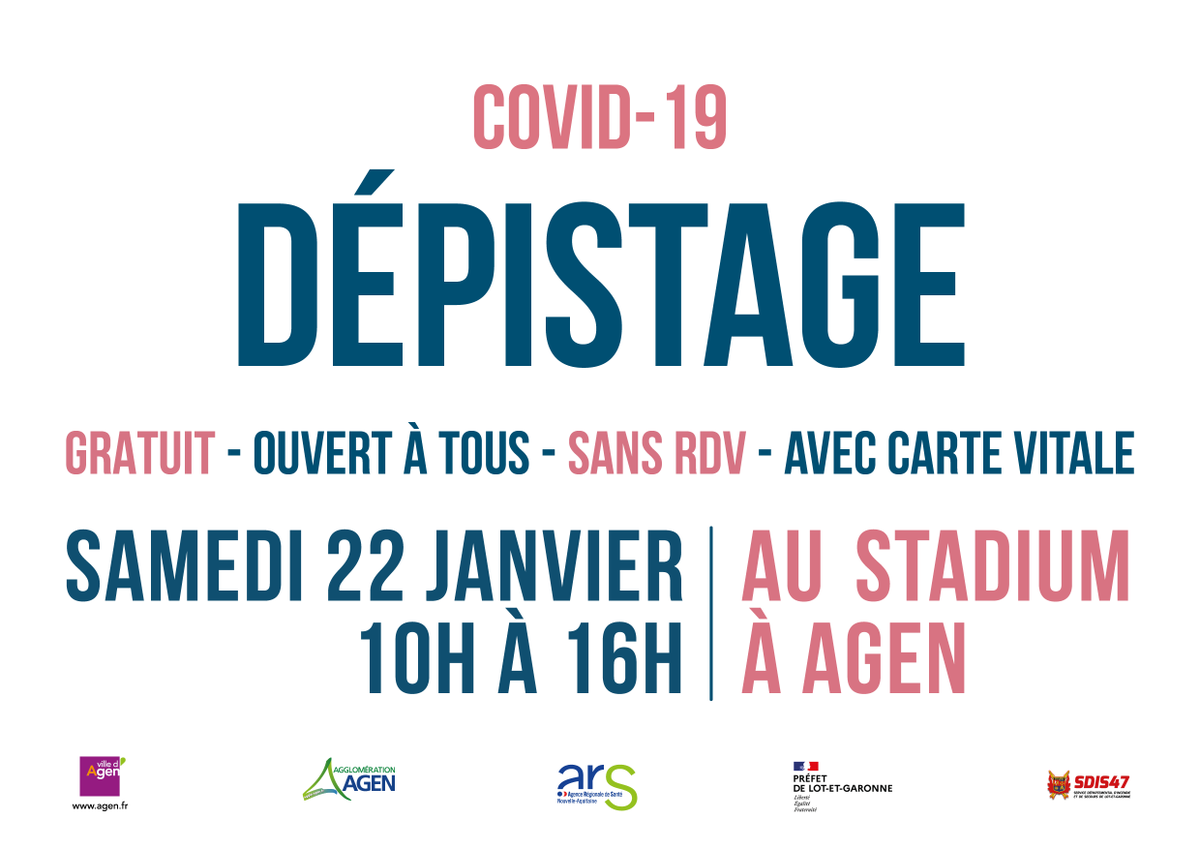villeagen's tweet photo. Demain, journée de dépistage du #Covid19 au Stadium à #Agen, organisée par @villeagen,  @AggloAgen , @ARS_NAquit , @Prefet47  et @sdis47 https://t.co/pVpsK2nteR