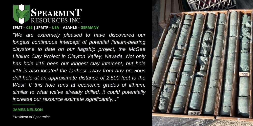 AdelaydeExp's tweet photo. Spearmint (#CSE: $SPMT | USA: $SPMTF | GERMANY: $A2AHL5) Drills Longest Continuous Clay Intercept to Date on the McGee #LithiumClay Project in #ClaytonValley, #Nevada [https://t.co/vjb60BfmJ4] #lithium @elonmusk $lac $alb $sli $slb $cyp $cydvf $liacf $li $nlc $ntthf $pe $pemif https://t.co/FYADVni3da