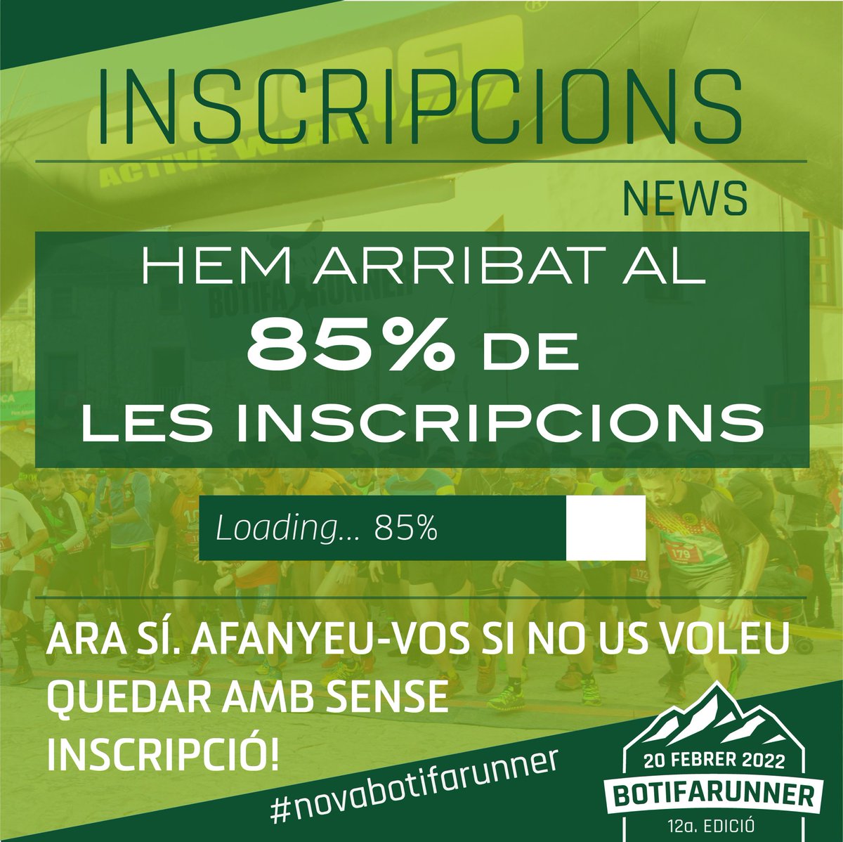 botifarunner's tweet photo. Confirmat. Hi ha moltes ganes de #botifarunner22πͺ
Avui, quan falta un mes per la #novabotifarunner, les inscripcions arriben al 85%βΌοΈ
No us quedeu amb sense la vostra!!!
ππ» https://t.co/5Dejrd8f0Q
#botifarruner #botifarunner22 #novafilosofia #novabotifarunner #lallacuna https://t.co/wzXPMs8KYO