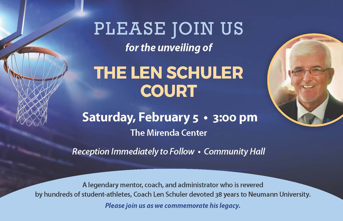 NeumannUniv's tweet image. Please join us for the unveiling of The Len Schuler Court on Saturday February 5 at 3:00 pm in the Mirenda Center.

Reception to follow!

Register today!

alumni.neumann.edu/s/168/bp17/int…