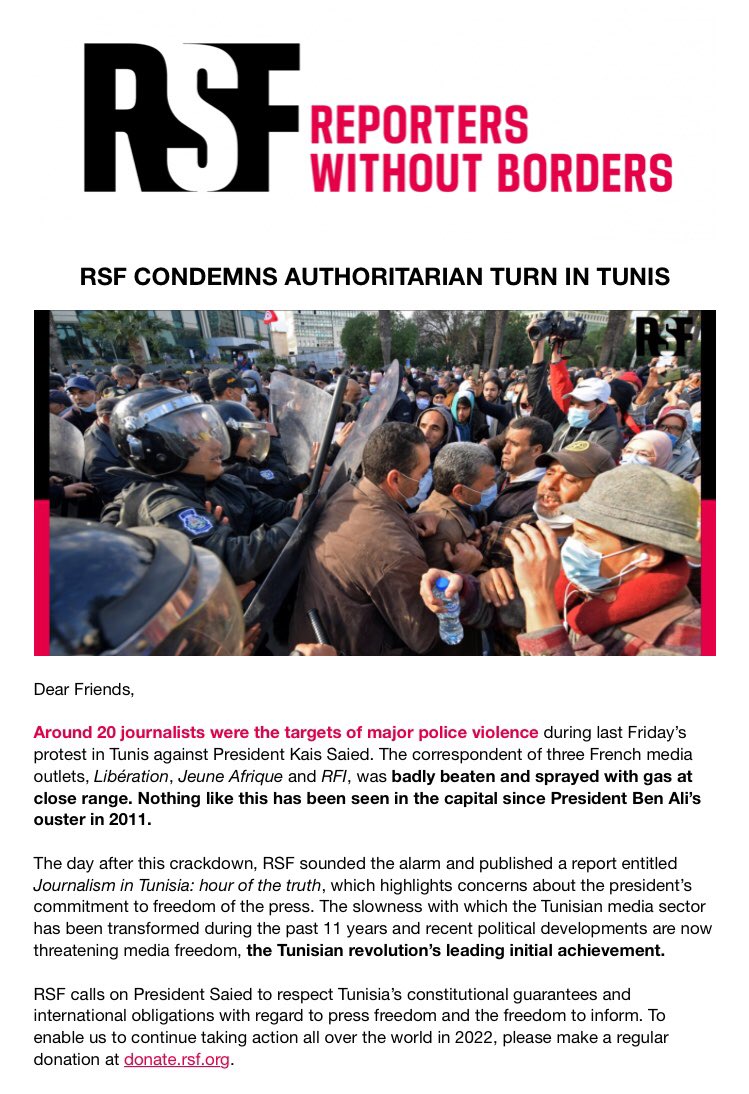 #RSF calls on #Tunisia President to respect the constitutional guarantees and international obligations with regard to press freedom.
#violence against #journalists