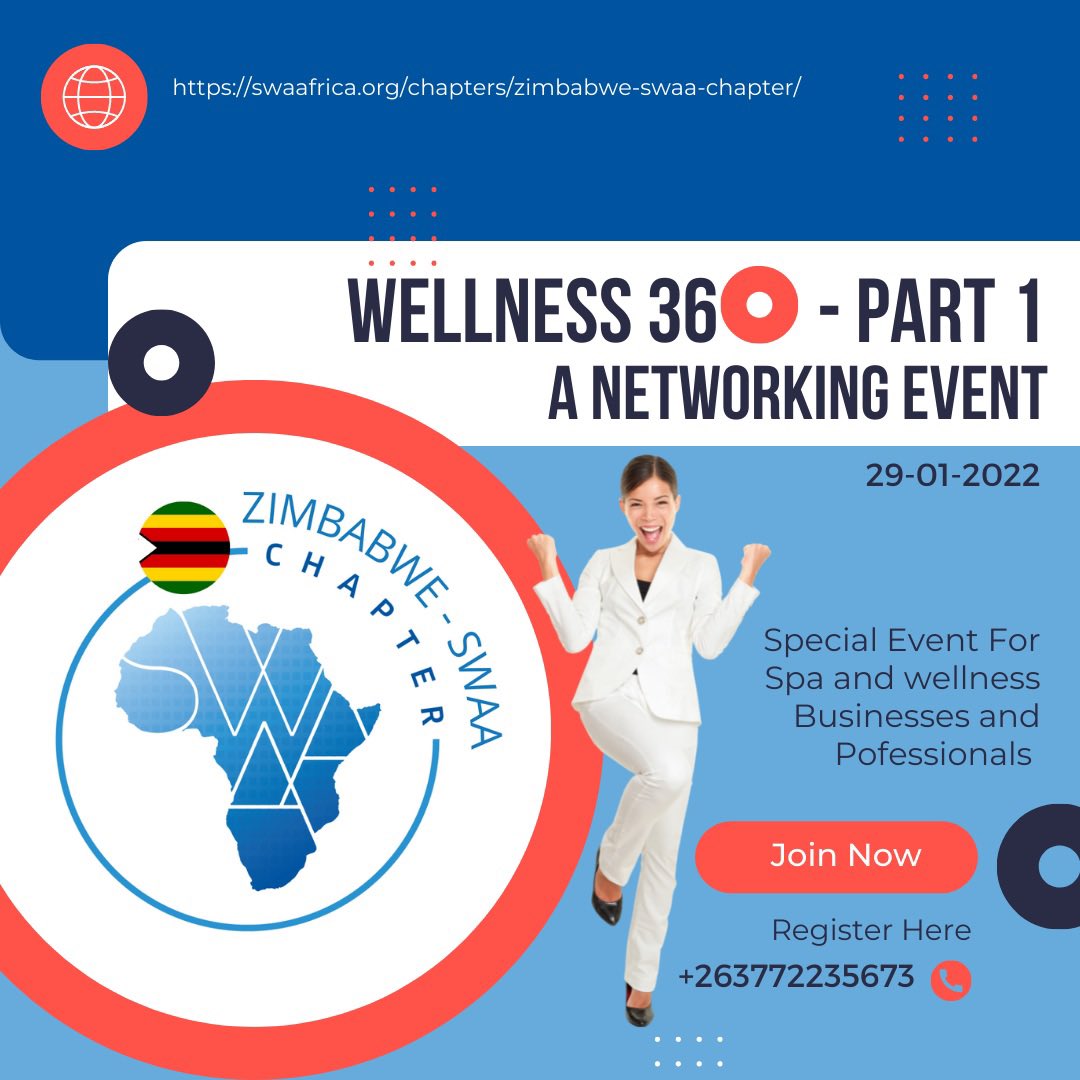 A spa and wellness event to be the first of a series.

Come along and meet professionals and like-minded people from all arenas of the spa and wellness industry!

Vendors: $20 entry
Attendees: $10
Students: Free

Register here: 
+263 7 72235673