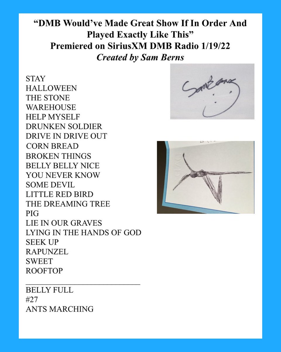 DMBGorgeCrew's tweet photo. Here is Samโs perfect DMB set list as mentioned in the โWhat Would You Play?โ episode on SiriusXM Ch. 30. Donโt miss this amazing episode!
Replays:
Fri 1/21 @ Noon ET
Sat 1/22 @ 6pm ET
Sun1/23 @ 9am ET
Please visit https://t.co/CVaK8VpICP to honor Sam with a donation #KitKatSam https://t.co/udLuycopCC