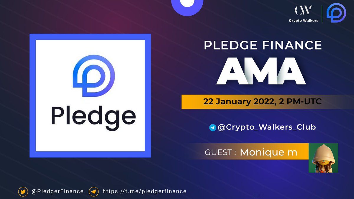 CRYPTO WALKERS AMA ANNOUNCEMENT 🔊

Crypto Walkers Will Host An Ama With Pledge Finance On, 22nd January 2 PM UTC

Follow <a href="/Crypto_Walkers_/">Massimiliano Merizio</a> &amp; @PledgerFinance

🗓️  DATE - 22nd January 2021
🕰 TIME - 02 PM UTC 
🛸 VENUE- t.me/Crypto_Walkers…