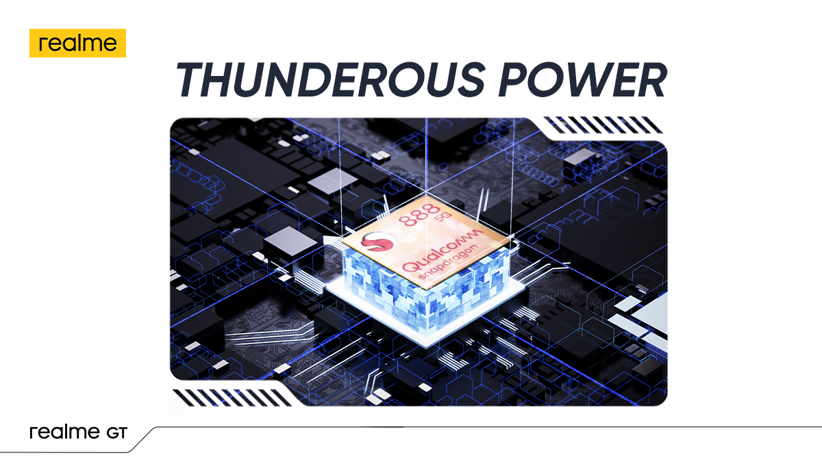 realmeIndia's tweet photo. The #realmeGT 5G is packed with the Fastest 5G Processor - Qualcomm Snapdragon 888.
Built with advanced 5nm technology, this processor provides powerful performance!
#SheerSpeedFlagship
Buy now: https://t.co/7vsDLrlduW https://t.co/hT1ZJUcEIU