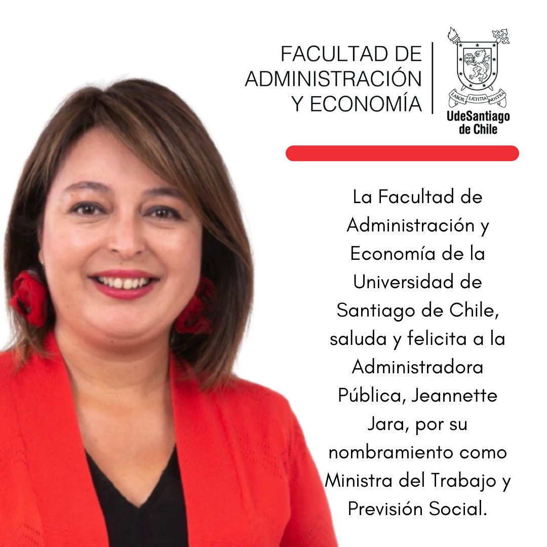 Felicitamos a la nueva Ministra de Trabajo y Previsión Social del Presidente Gabriel Boric, Jeannette Jara, administradora pública de la FAE Usach y académica de la misma carrera.
Los mejores deseos para ella en su nueva labor.