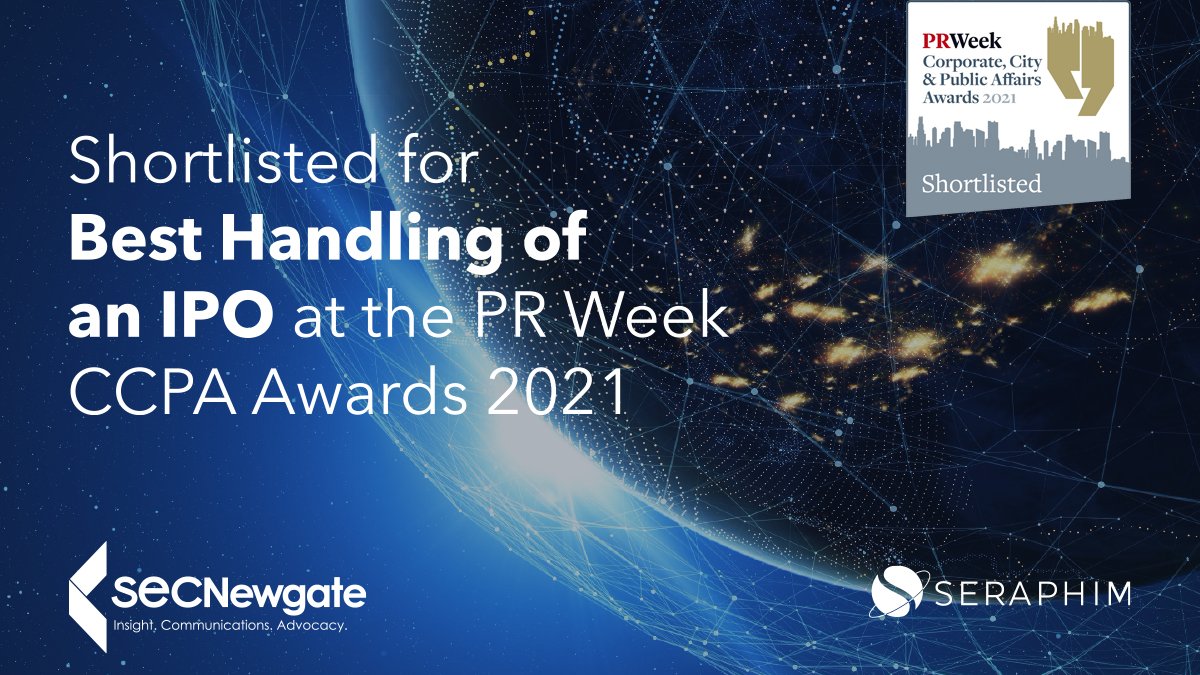 SECNewgateUK's tweet photo. We are quite literally over the moon to have been shortlisted for Best handling of an IPO at the @prweek Corporate, City and Public Affairs Awards 2021 for our work launching the world’s first listed space tech fund for @SeraphimCapital https://t.co/iMgDIPDLgY