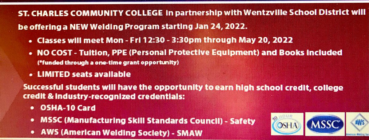 Monday kicks off an exciting partnership between Pearce Hall, WSD, and the welding program at SCC. Students will participate in semester-long welding courses with <a href="/StChasCC/">St. Charles Community College</a> earning valuable certifications and an entry to a highly in-demand industry - generously funded by SCC!