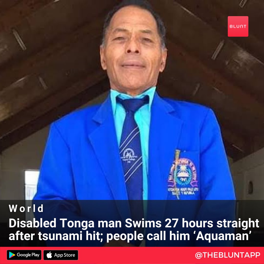Disabled Tonga man Swims 27 hours straight after tsunami hit; people call him ‘Aquaman’. Follow @thebluntapp for more updates.
#blunt #thebluntapp #theblunt #news #newsapp #trending #Disabled #Tonga #Swim #Tsunami #Aquaman #Volcano #Eruption https://t.co/NxyTzpJWDp