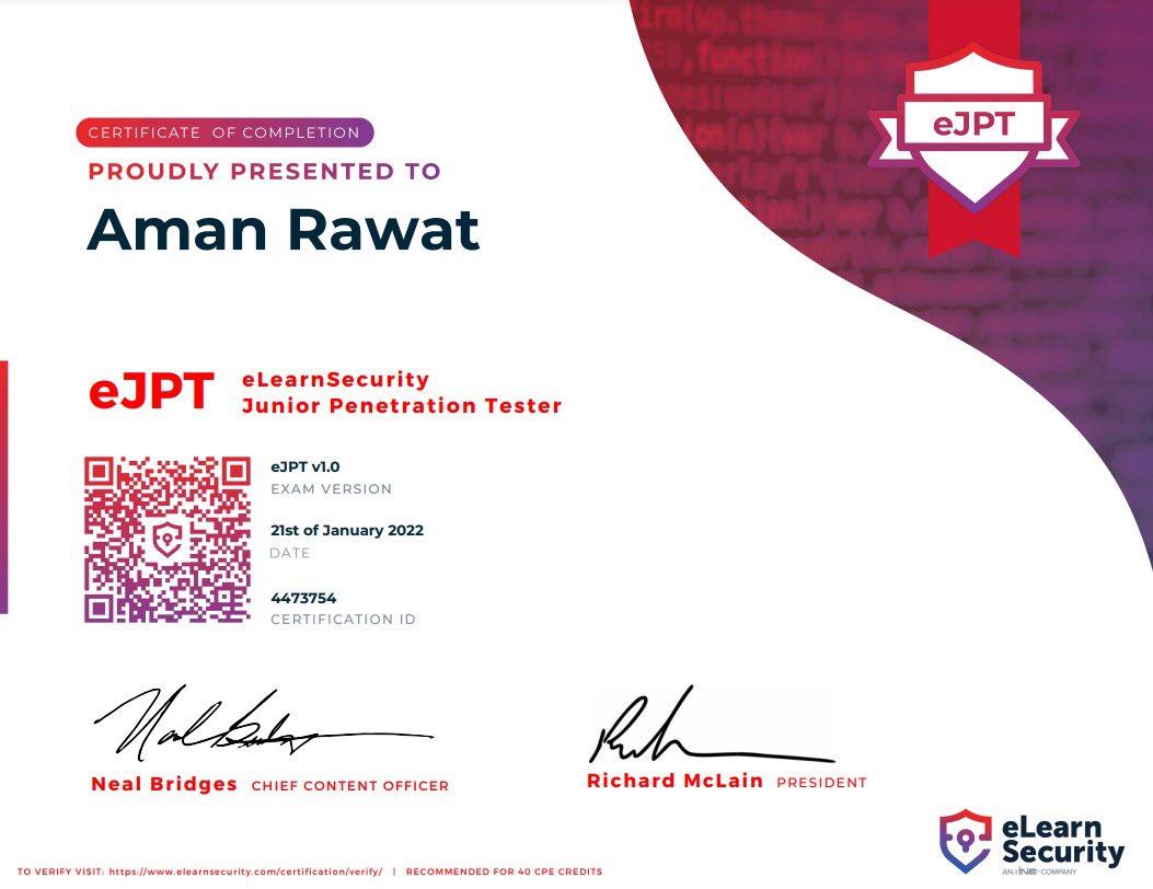 I have completed eJPT exam. Now I am a certified Junior Penetration Tester by @eLearnSecurity